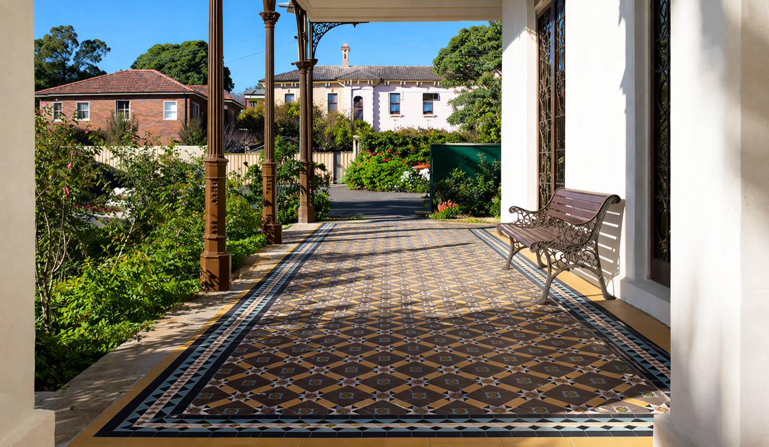 Sunlit verandah with tessellated tiles – Edited